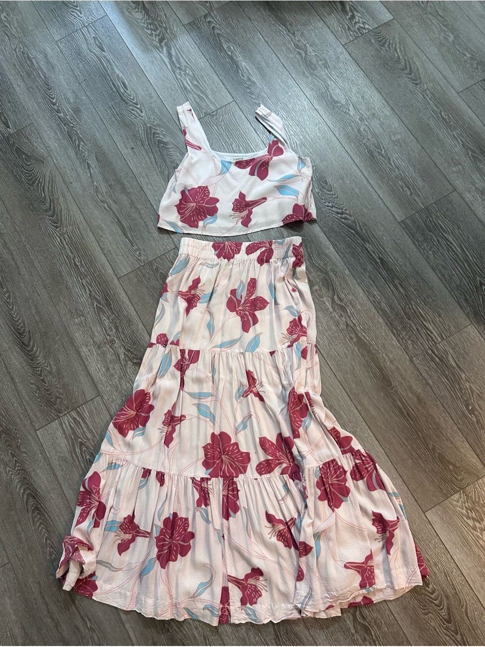 Two-Piece Floral Maxi Dress in Pink and Light Blue